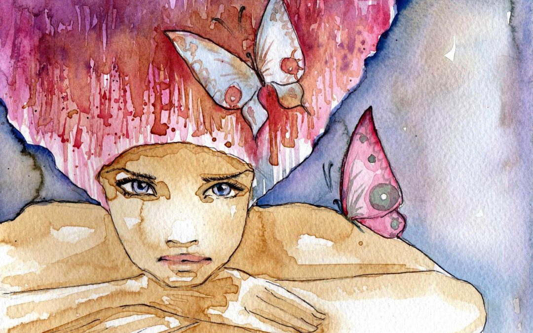 Watercolor portrait with butterflies